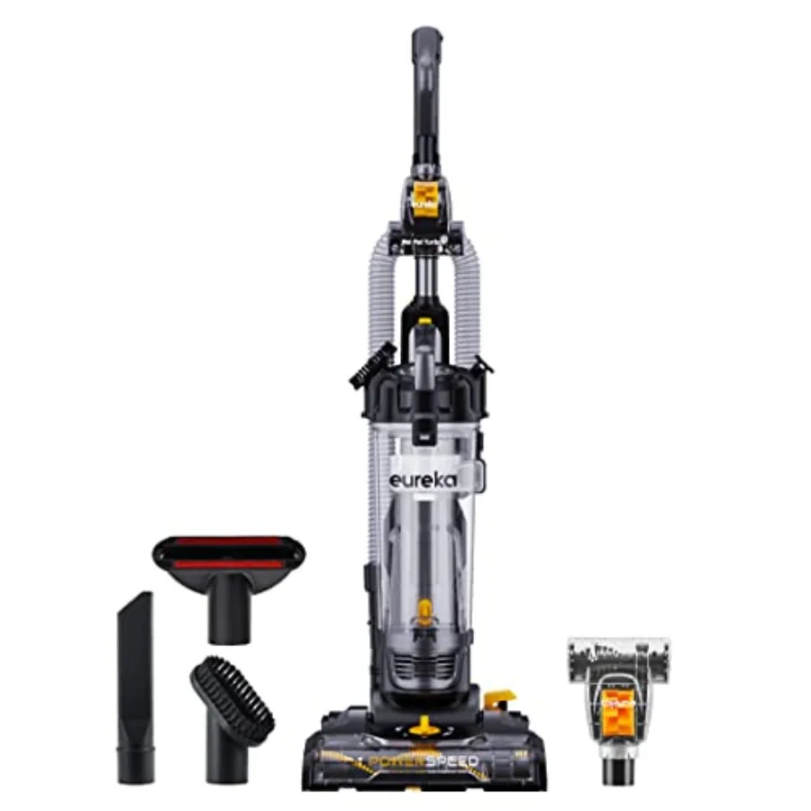 Aspiradora vertical ligera PowerSpeed para alfombras y pisos duros, negra/amarilla, cepillo turbo para mascotas, recipiente para polvo de 2.6L, para rincones