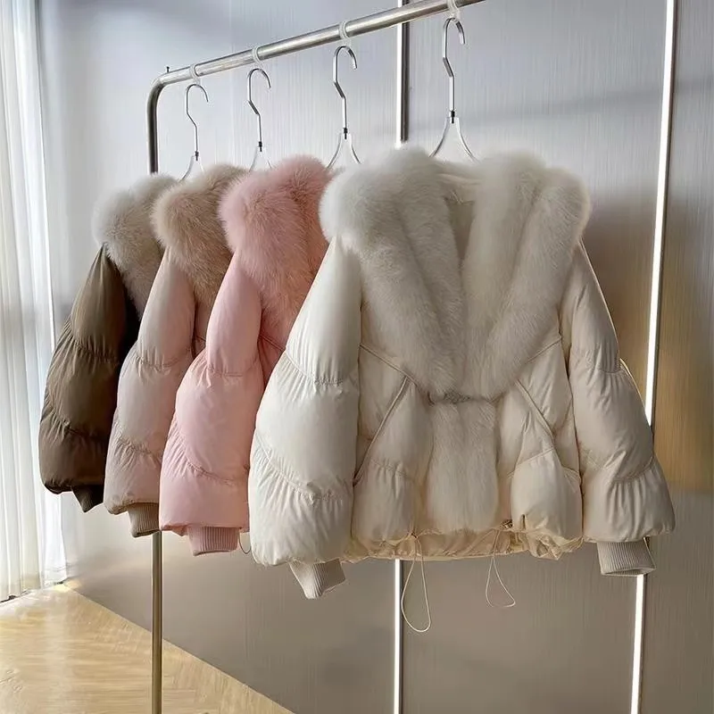 

Hot selling new style fox fur collar white goose down lining winter down jacket fur coat high-end model for women