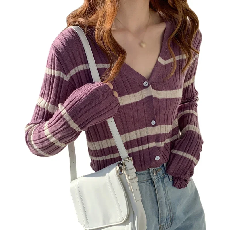 

Женский кардиган, мягкий восковой вязаный короткий свитер в тонкую полоску с длинными рукавами и нежным ветром