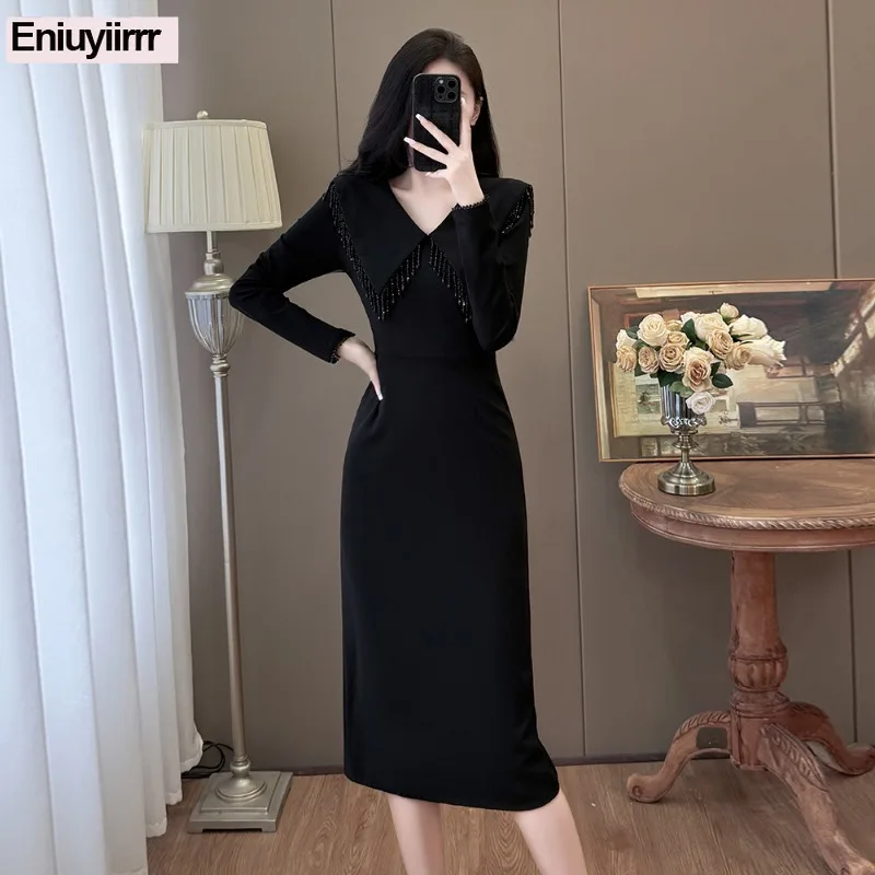 بلينغ مطرز فساتين أنيقة امرأة ضئيلة شيك كوريا أزياء السنة الجديدة مساء ليلة حزب فستان طويل قميص أسود