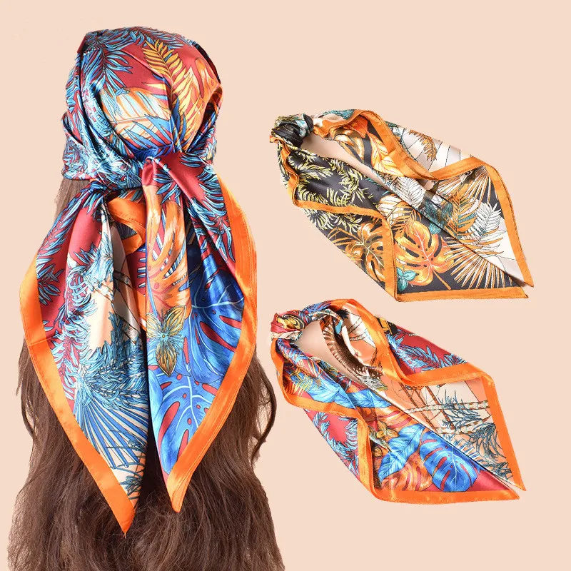 

Luxury Print Square Silk Scarfs for Women Decorate Neck Ties Fashion 90*90cm Kerchief Lady Summer Beach Hijab Female Neckerchief