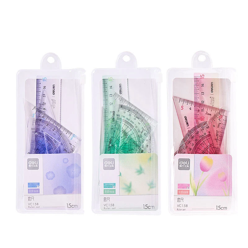 デリカワイイグラデーション定規セット、多機能コンビネーション定規、三角形分度器合金、子供用図面、文房具、4 in 1