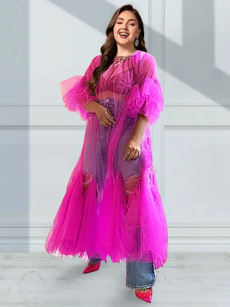 Robe à ourlet à volants pour femmes, manches pétales, maille fine, magenta, col rond, plissé, tulle, transparent, grande taille, sexy, élégant