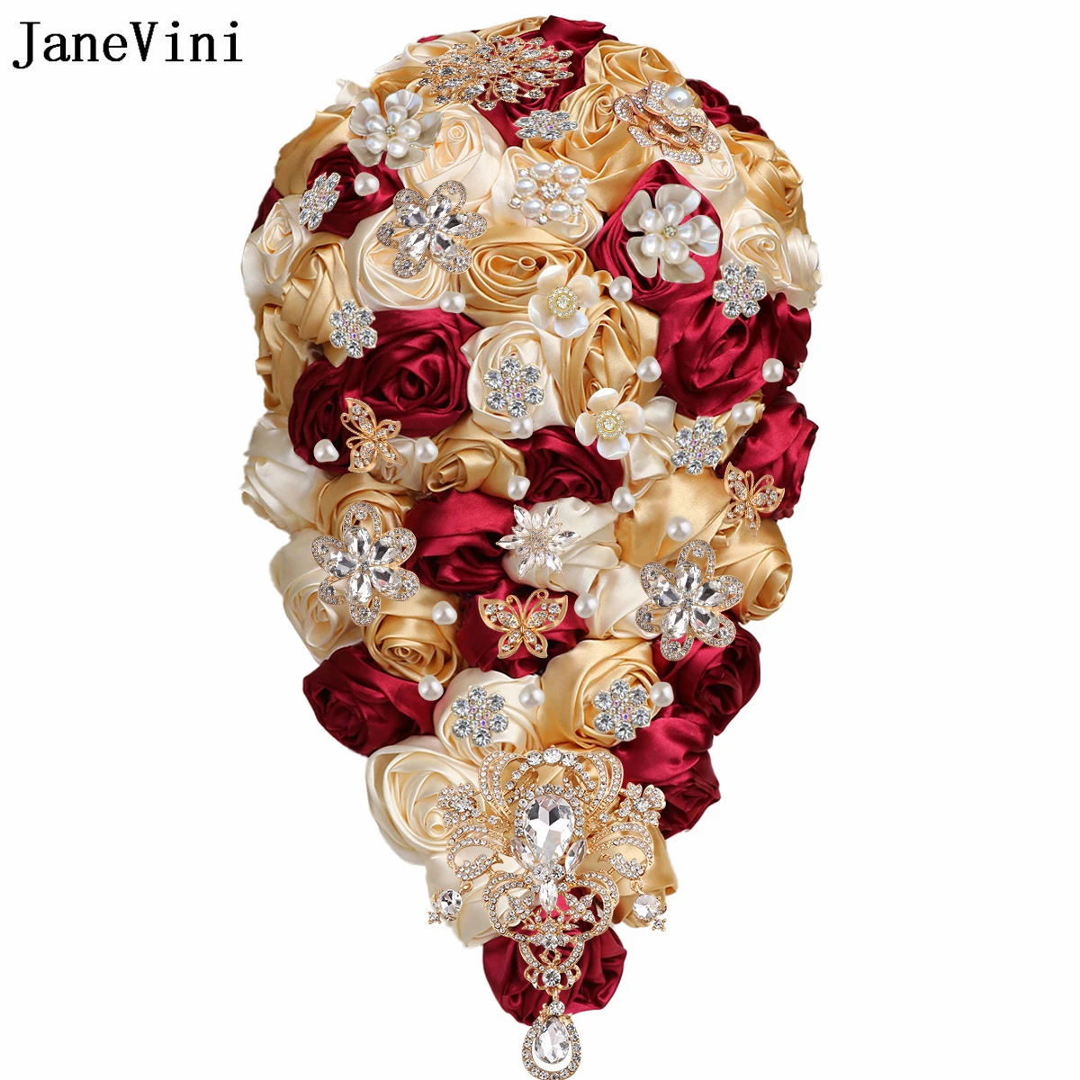 

JaneVini European Dark Red Cascading Flowers Crystal Waterfall Bridal Bouquets Artificial Satin Roses Pearl Wedding Fake Bouquet