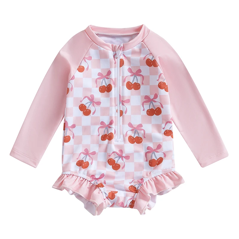 Toddler Girls Rash Guard Swimsuit Cherry Bow Plaid Pattern Ruffles Trim Zip Up Long Sleeve Crew Neck Baby Girls Swimwear