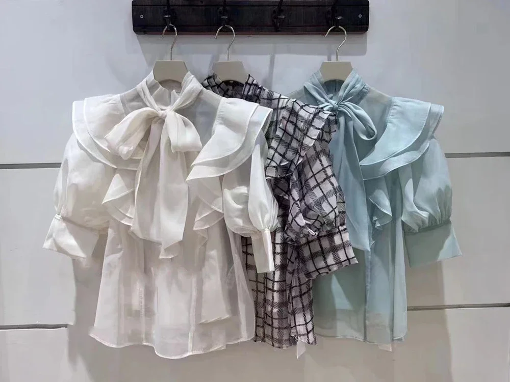 Kuzuwata Summer Sweet Bow Flying Sleeves Blouse Chiffon Cascading Ruffle Shirt Strench Waist Slim Fit Fashion Japanese Chic Top