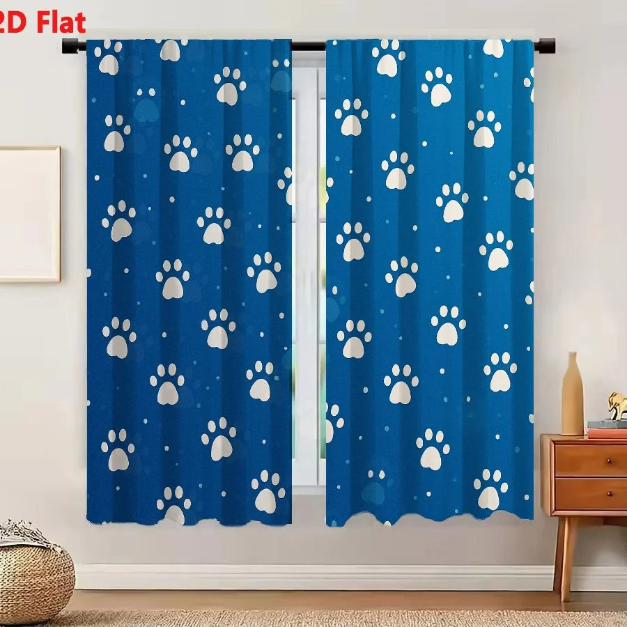 2Pcs Curtains 2D Flat Seamless Paw Print Pattern On Blue Background With White Dots For Textile Wallpaper And Digital Use Window