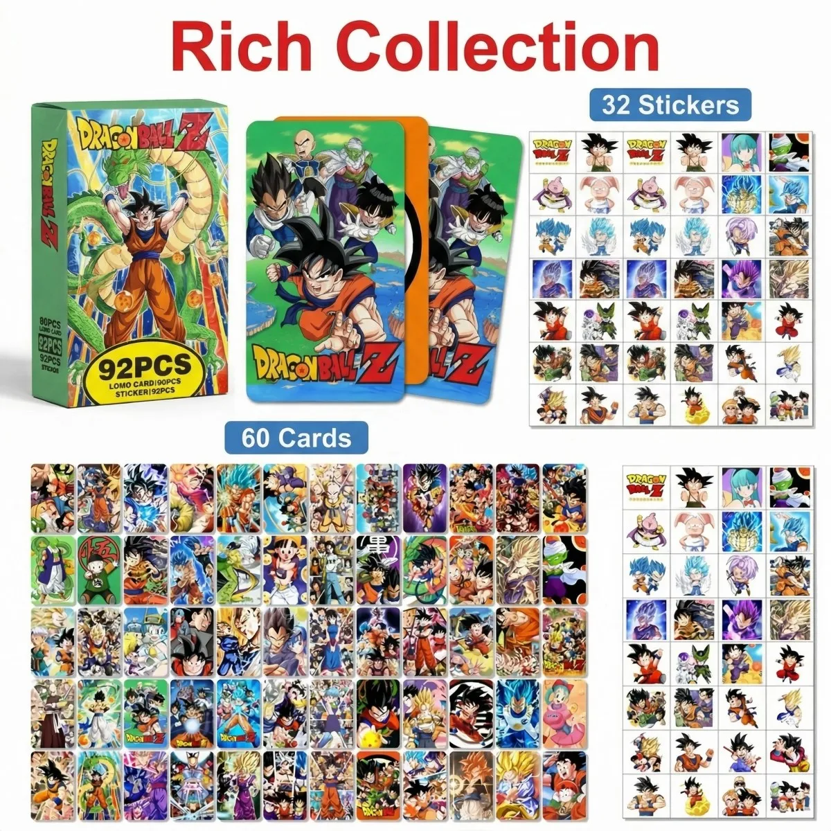 Photocard de Anime Super Animes Merch, 92 Piezas, 60 Tarjetas + 32 Pegatinas, Ultra Instinct Goku Vegeta, Tarjeta Fotográfica Coleccionable, Regalos para Fans de DBZ