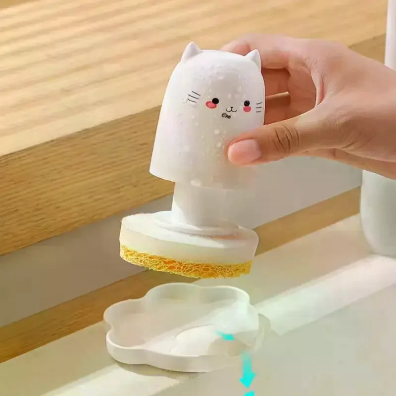 لطيف القط المطبخ برو الإسفنج قماش الأطباق وعاء فرشاة لب الخشب القطن ماجيك فرشاة تنظيف أداة خاصة لحرق المطبخ #3