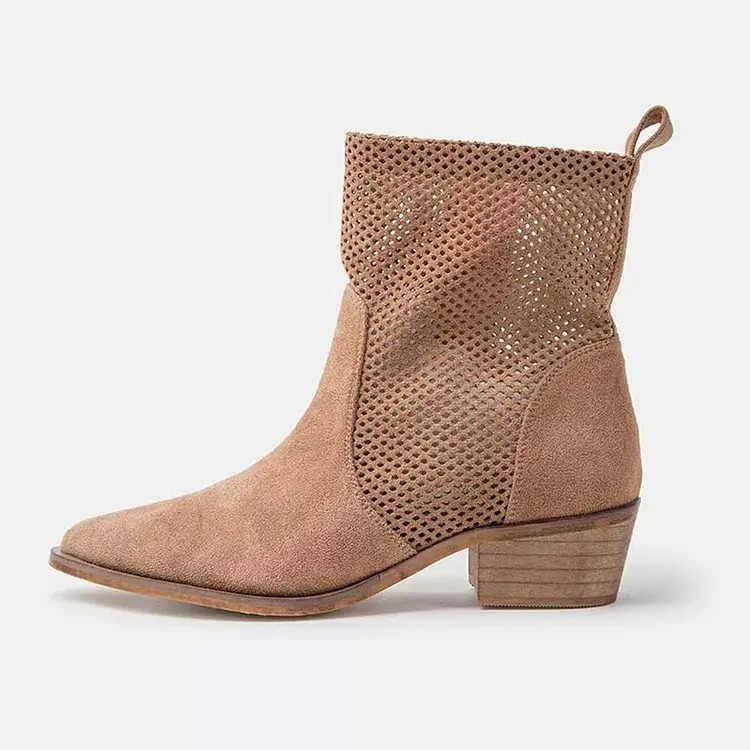 

Brown Vegan Suede Pointy Toe Side Zipper Heeled Booties for Women