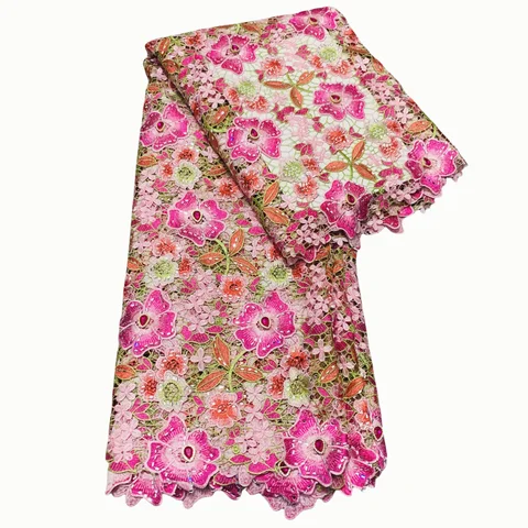 African Guipure Cord Lace Fabric Nigerian Style with Luxury 3D Rhinestones Water Soluble French Style For Women's Dress Sewing