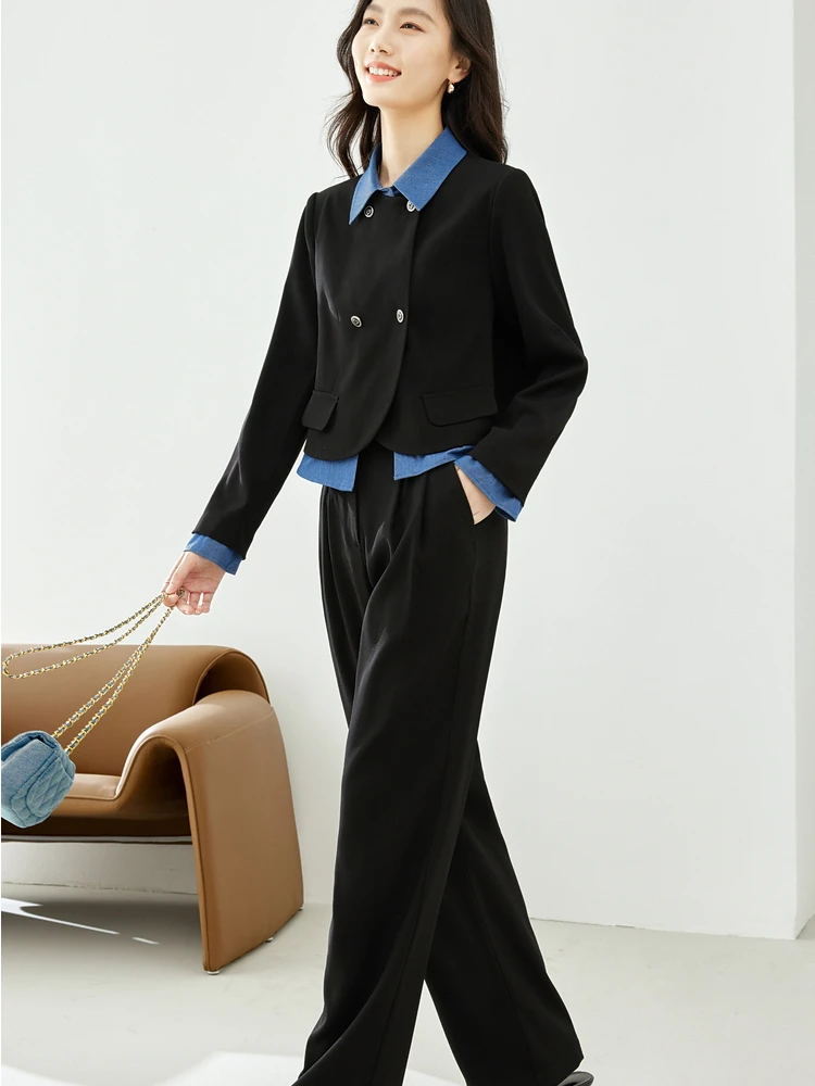 

VIMLY Patchwork Short Jacket Wide Leg Pant Sets for Women Workwear Autumn Elegant Outfits Two Piece New in Matching Sets M2871