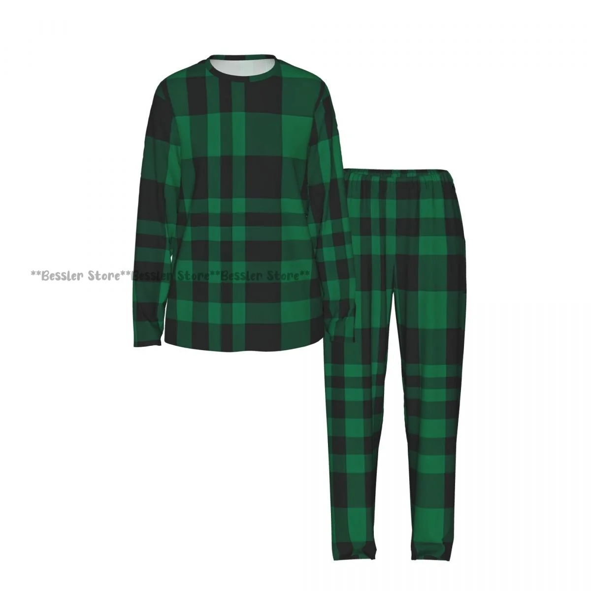 Women Round Neck Pajamas Set Plaid Checkered Tartan Pattern Long Sleeve Tops + Long Pants