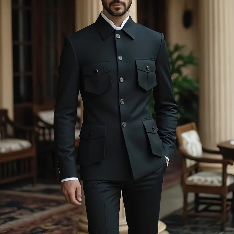 

Men's Suits High Quality Men's Classic Chinese Blazers Men's Blazer Zhongshan Suit Mandarin Collar Symmetrical 4-Button Design