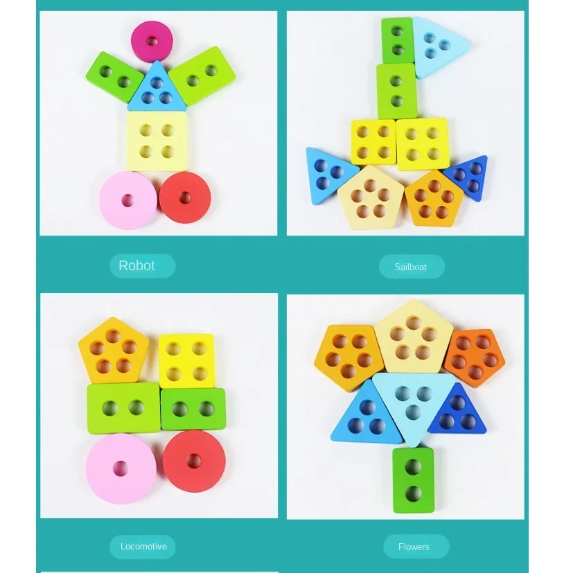 Shape Category Stack Toy Wooden Jigsaw Puzzle Geometric Shape Building Blocks Color Matching Puzzle Early Educational Toy