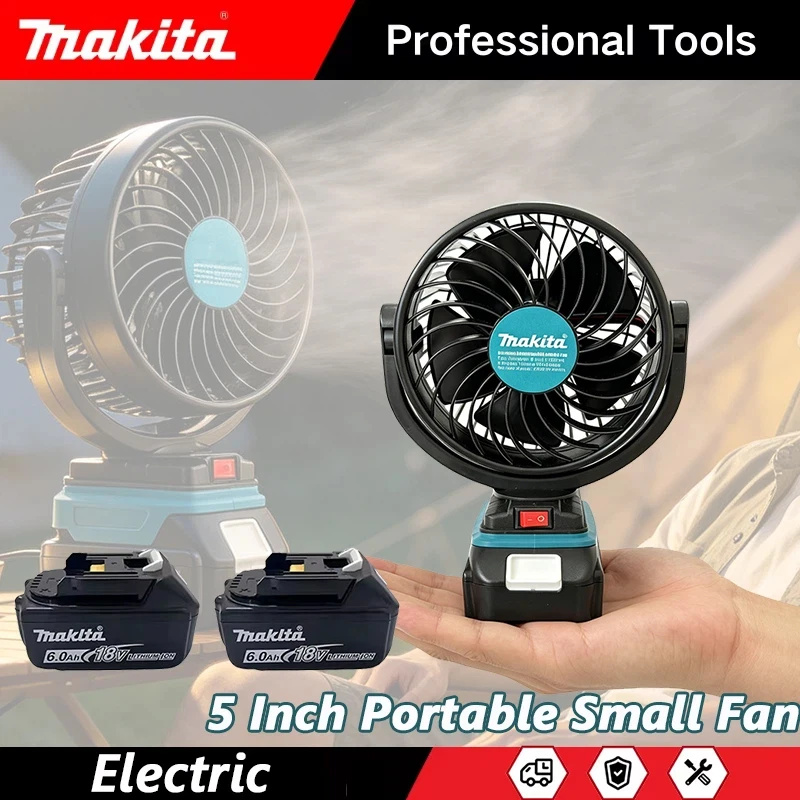 Makita Elektrischer 5-Zoll-Akku-Mini-Tischventilator 360 °   Rotierender tragbarer kleiner Ventilator für Camping im Freien, Tischventilator