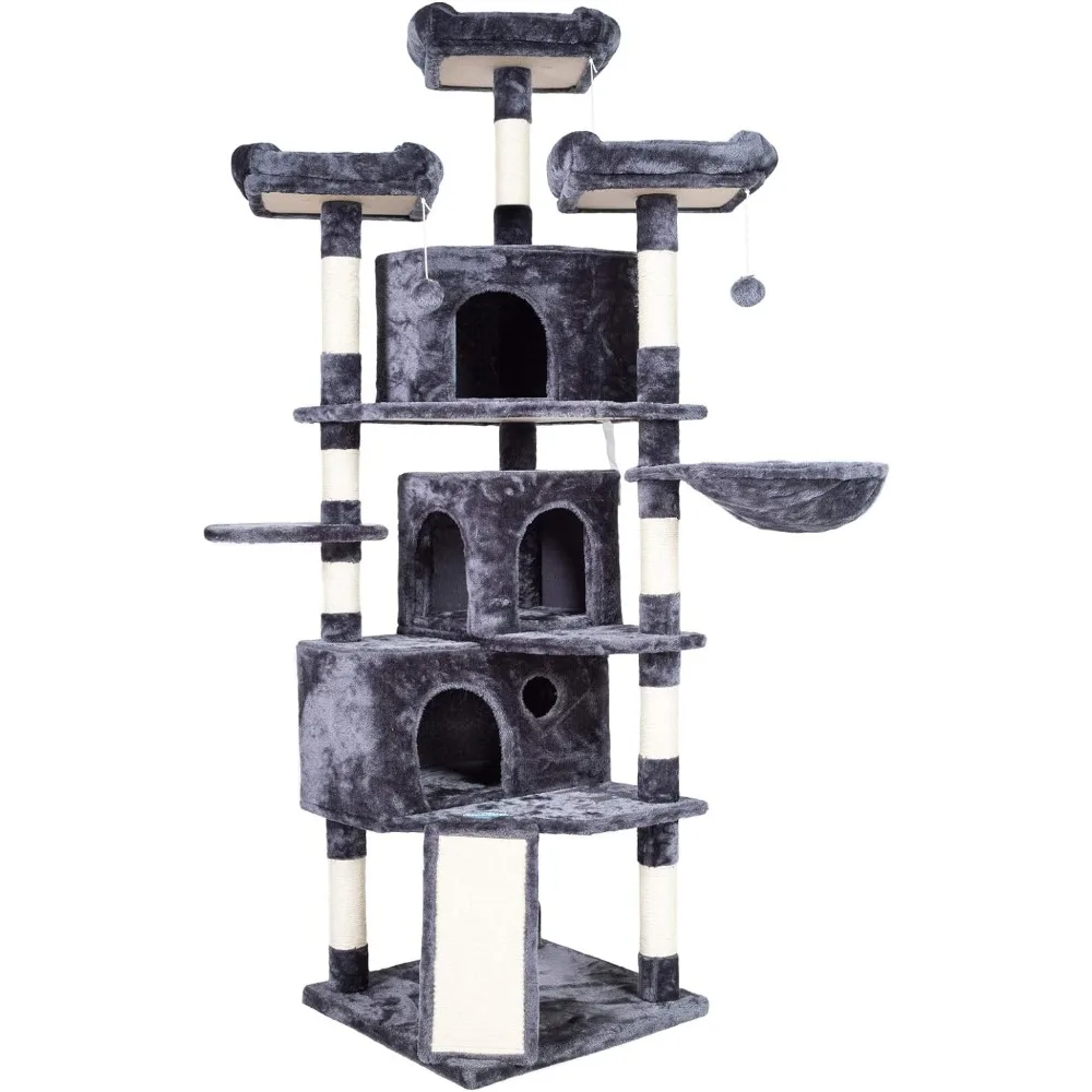 

XL Size Cat Tree, 73.4 inch Cat Tower with 3 Caves, 3 Cozy Perches, Scratching Posts, Board, Activity Center Stable