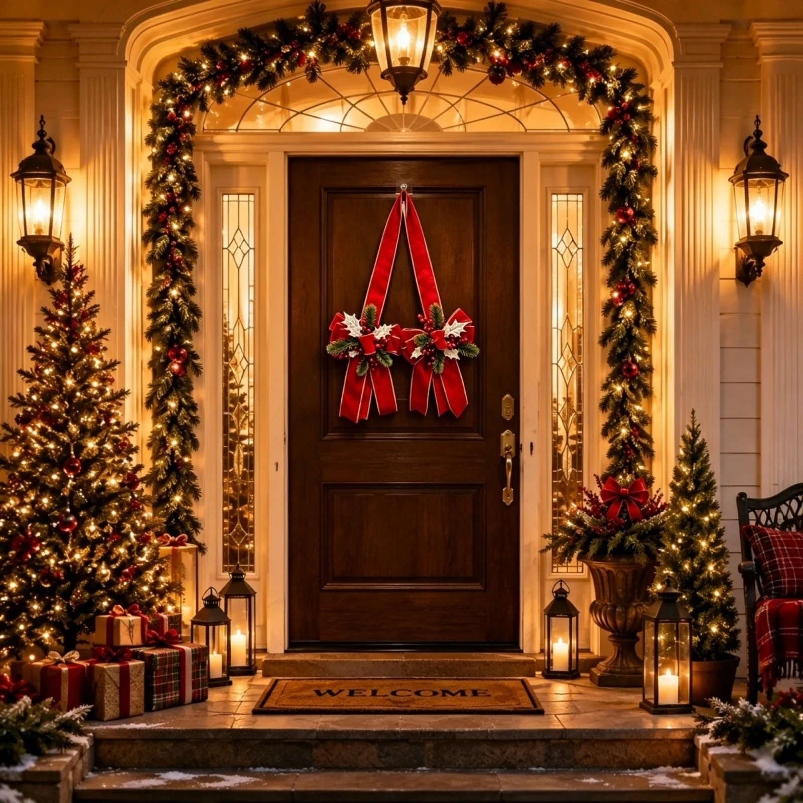Creative Christmas Door Bow Scapulars Decorations with Pine Branches and Red Berry
