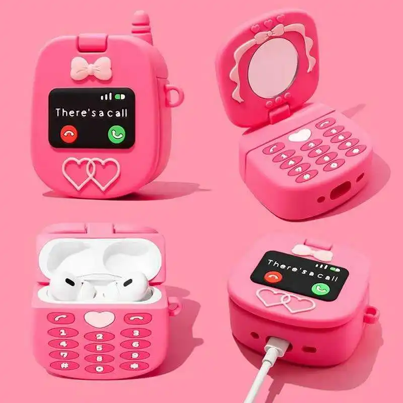 Cute Kawaii Cellphone Model Flip Mirror Silicone Earphone Case for Airpods 4 3 1 Pro 3 2 Air Pods Pro2 Pro3 Headphone Cover
