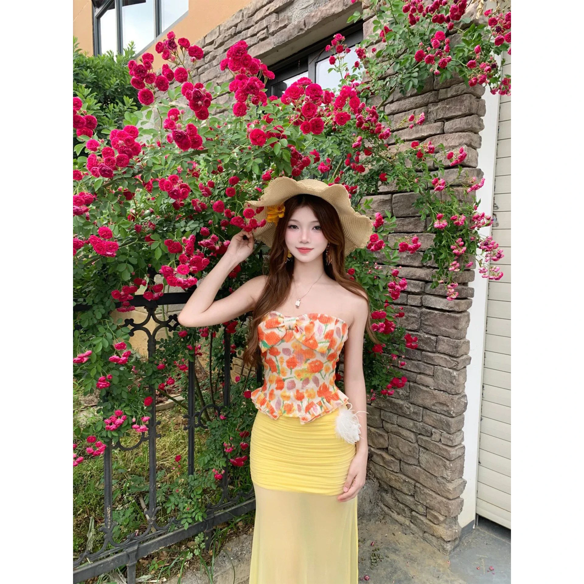 Beachside Dopaamine Matching Set Women's Beach Dress Halter Top Mesh Skirt Two-Piece Suit Three-Quarter Sleeve Other Material