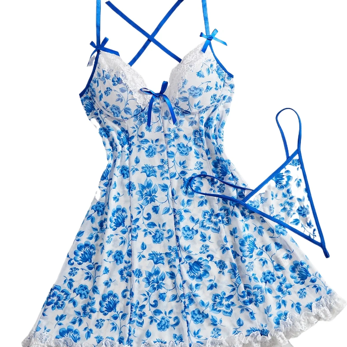 

Elegant Blue Lace Bowknot Cami Sleep Dress