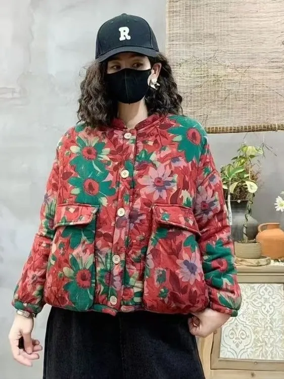 

Утепленное пуховое пальто из чистого хлопка с карманами, женское зимнее пальто, теплое, повседневное, для поездок на работу, с крупным цветочным узором