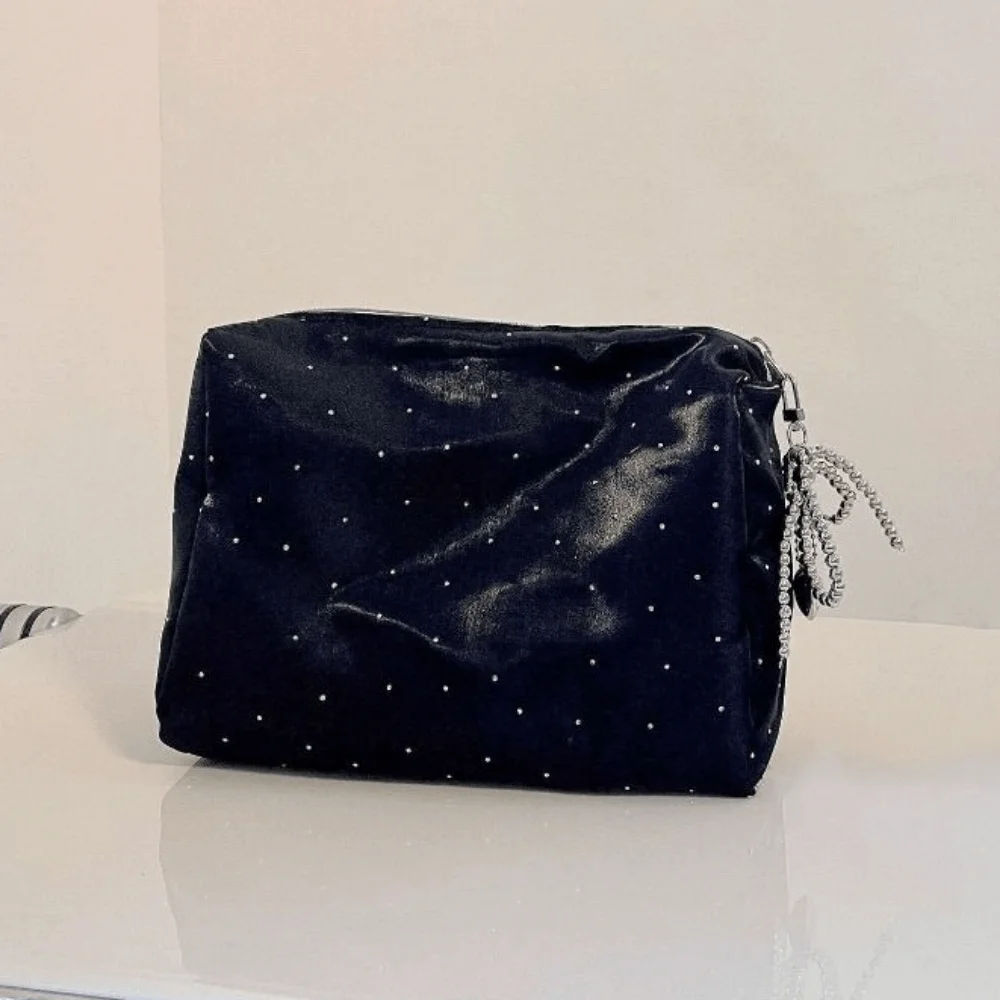 Luxury Sequin Cosmetic Bag Handheld Portable Cosmetic Organizer Zipper Beaded Bowknot Rhinestone Handbag Women's Use