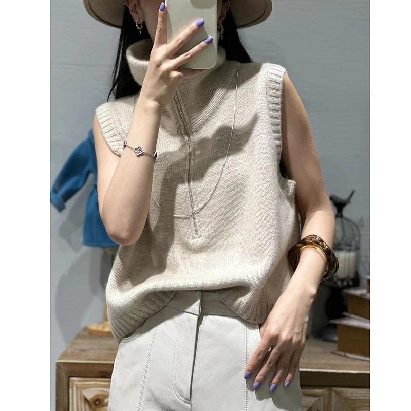 Female Loose Cashmere Vest, High-End, High-End, Zipper, Monochromatic, Early Autumn, New, 2023