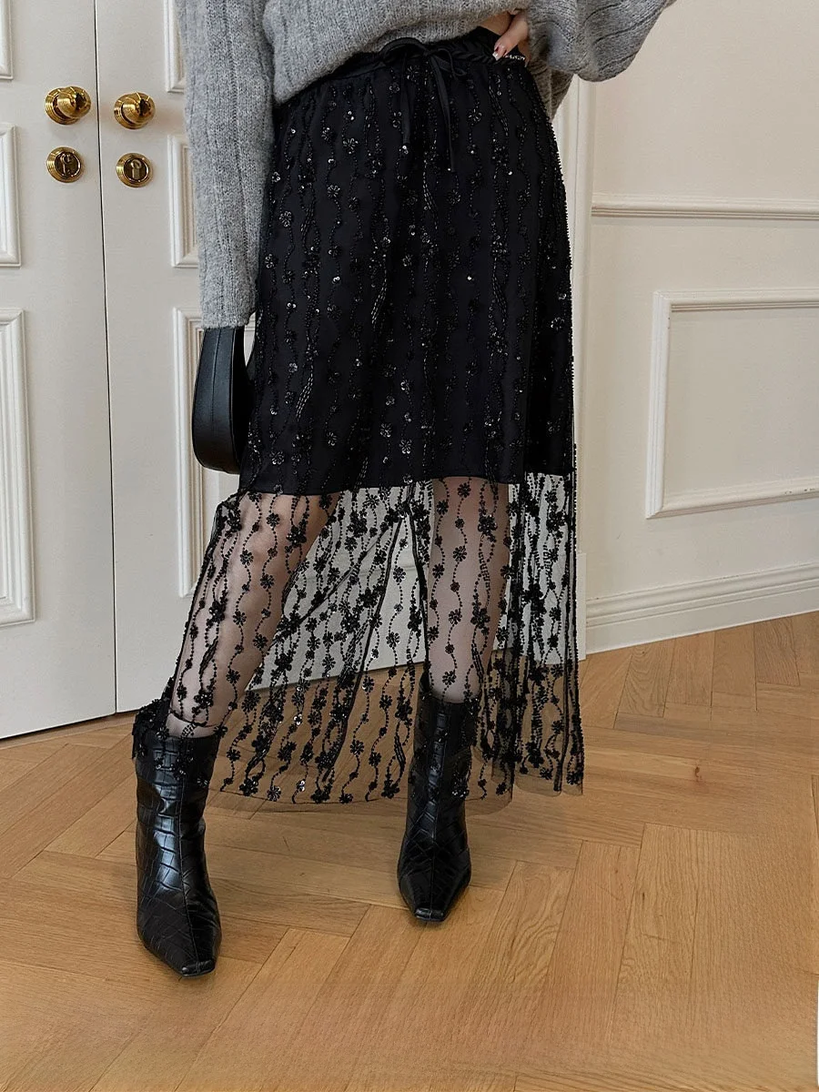 

Brand Double Waist Heavy Bead Embroidery Me f Skirt Neutral Sle Casual Straight Cut Loose Fit Polyester