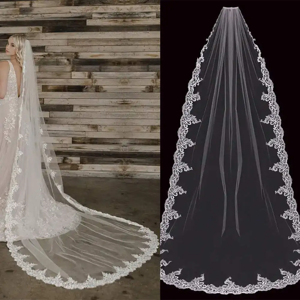 

Свадебная фата, длинная соборная длина, кружевная аппликация, вышивка с расческой