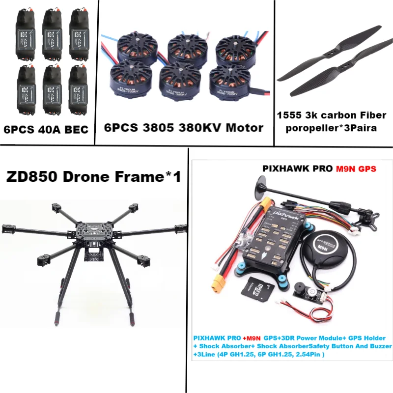 ZD850 PRO M9N Full Carbon Fiber 850mm Hexa-Rotor Frame BLHELI 40A ESC PIXHAWK Flight Comtrol Rado Telemetry Set