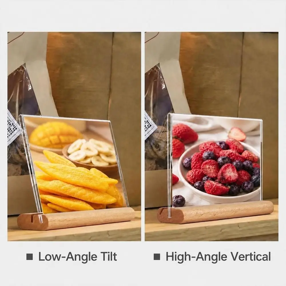 Transparent Acrylic Table Sign Card Holder Vertical Standing Solid Wood Base Acrylic Sign Holder Beech Wood Material
