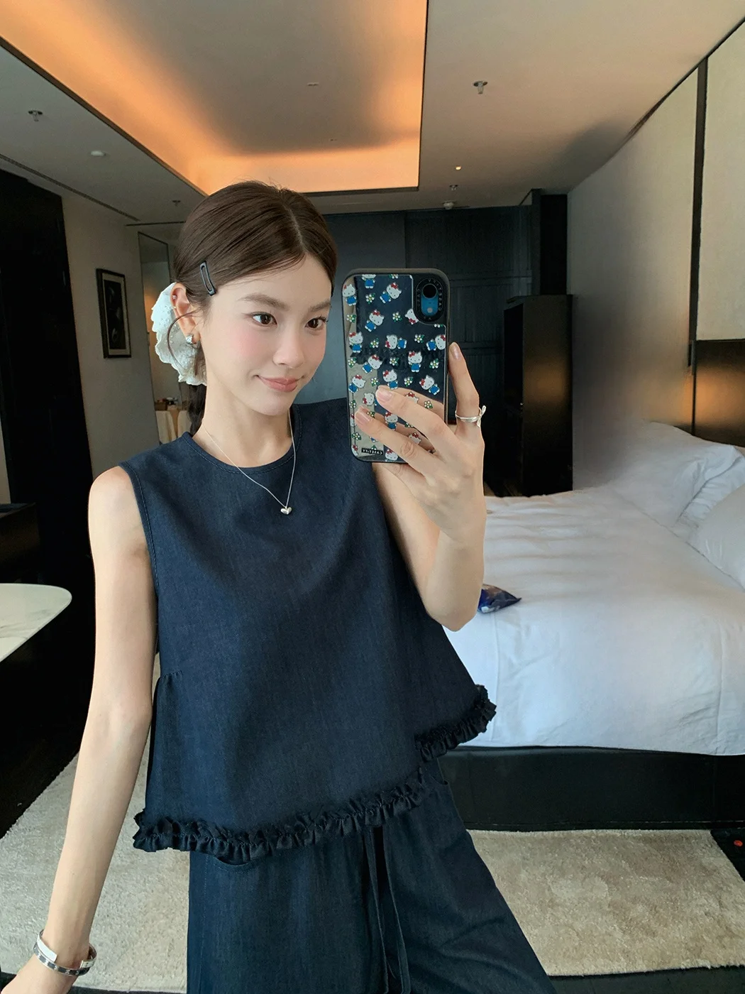 

Винтажный комплект Ibell Zhang: удлиненный топ и джинсовые брюки в пол, женский модный комплект из хлопковой смеси с завязками на талии