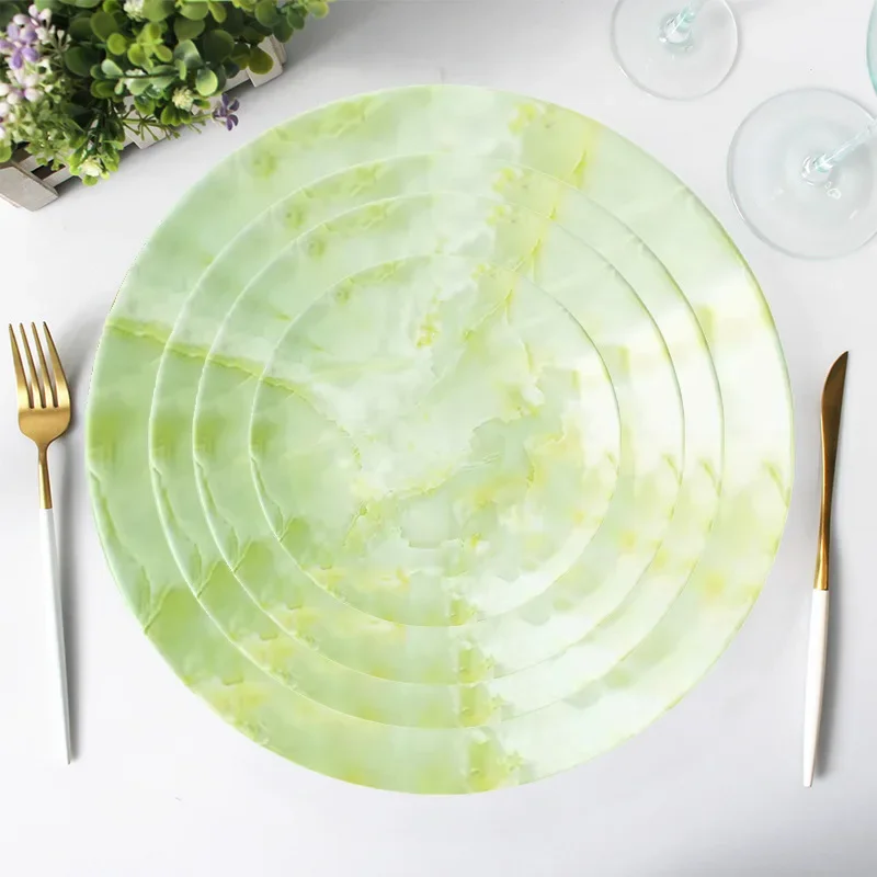 Bone china plate set 4PCS,Western style plate, steak, Italian noodle plate, Green marble ceramic disc glazed color tableware