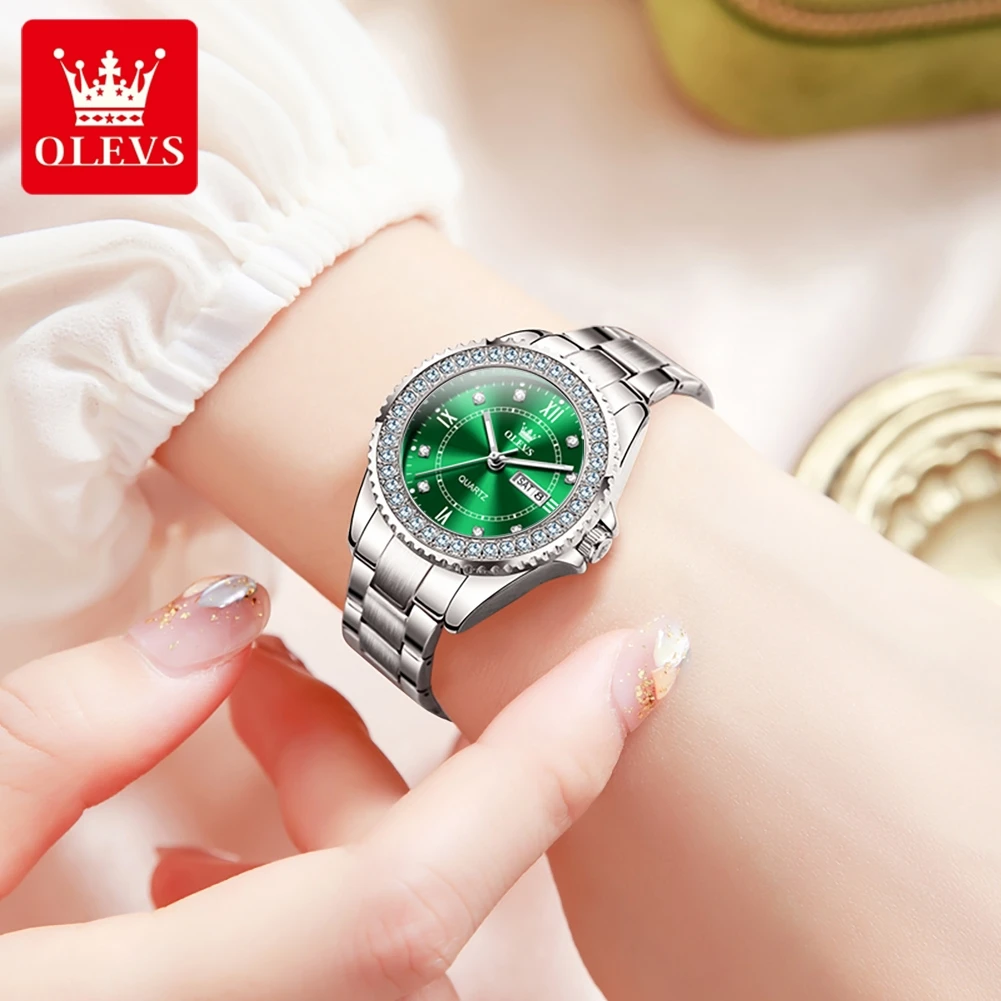 Imagem -03 - Olevs Relógio Completo de Diamante para Mulheres Mostrador Romano Verde Moda Impermeável Calendário Duplo Relógio de Pulso Feminino de Luxo Aço Inoxidável