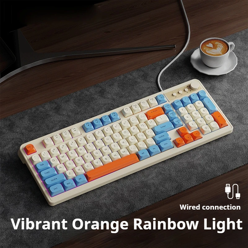 EWEADN Wired Gaming Keyboard, 98 Silent Keys, Cream Keycaps, Rainbow RGB Backlit, Ergonomic Compact Design for eSports