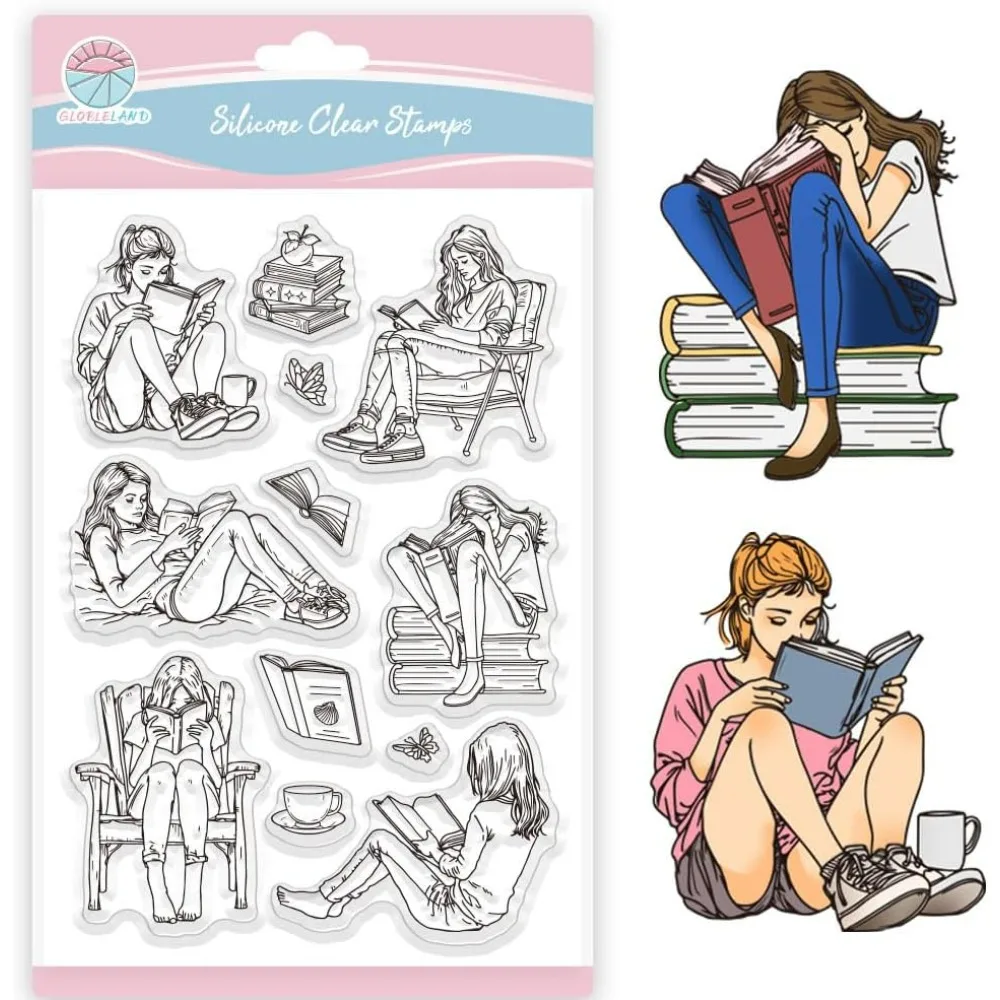 Lady and Books Clear Stamps Book Reading Silicone Clear Stamp Books Theme Transparent Stamps for DIY Scrapbooking and Cards