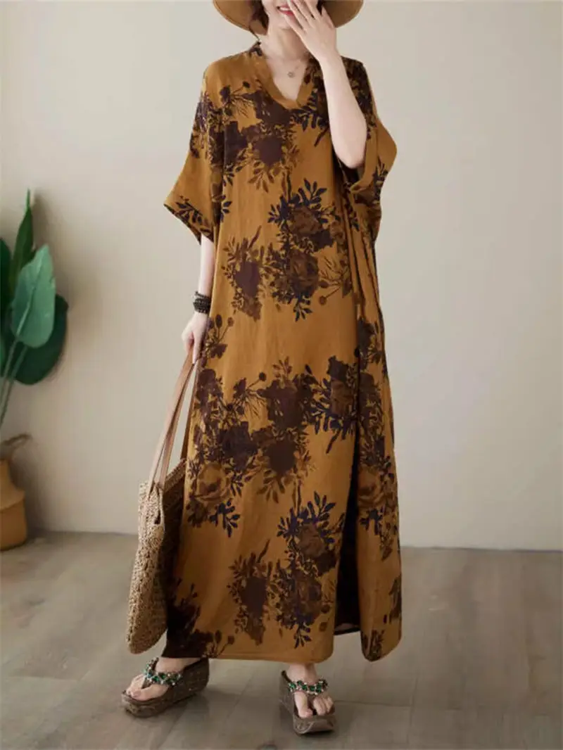 

Korean Ethnic Style Oversized Long Dress For Women Summer Cotton And Linen Flower Loose Tourism Vacation Straight Dress K1372