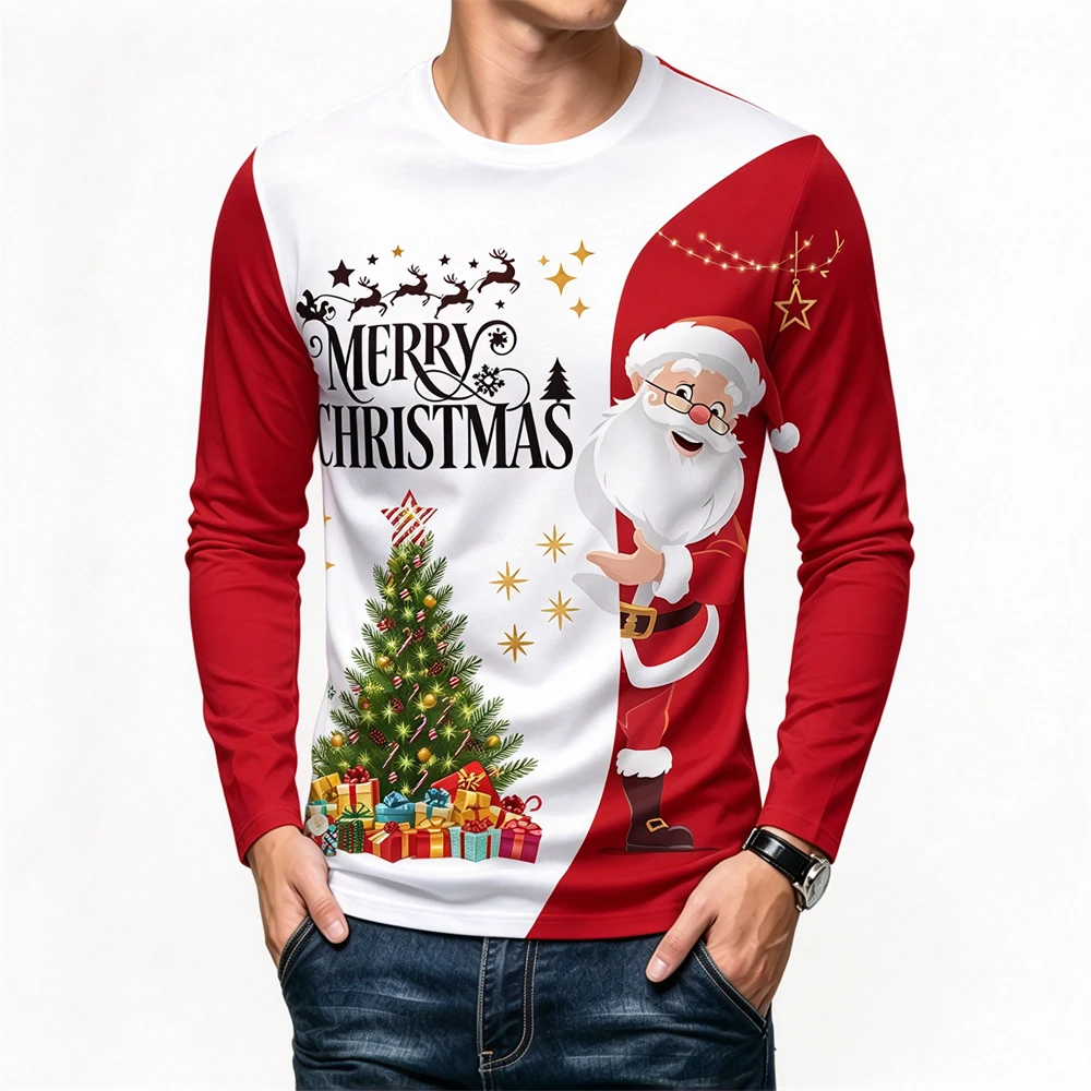 Christmas Style Men's Long Sleeve T-shirt Cartoon Santa Claus 3D Print Tees Tops Funny Snowman Pattern X'mas New Year Clothing