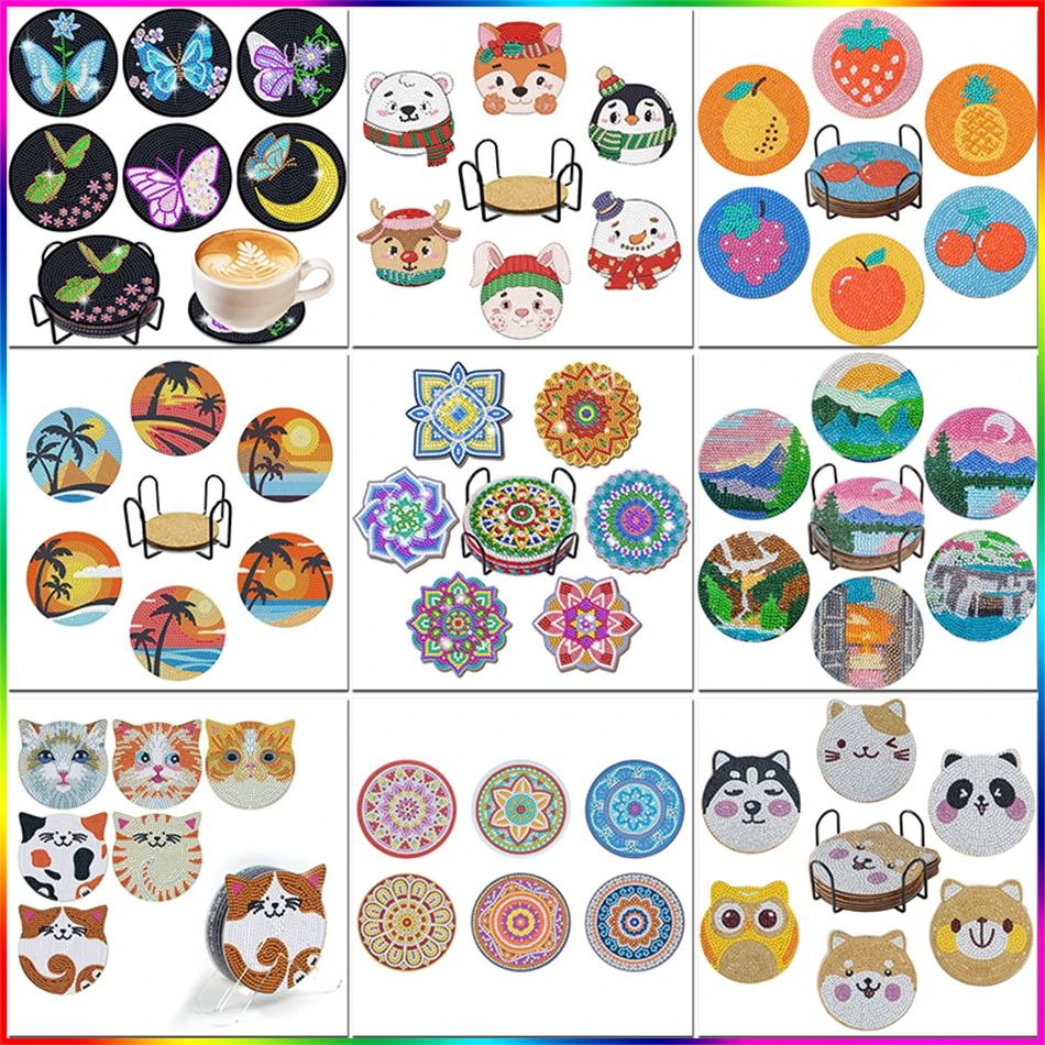 6pc/sets Animal Diamond Painting Coasters DIY Diamond Art Coasters Beginner 5D Full Drill Diamond Coasters Acrylic Round Cup