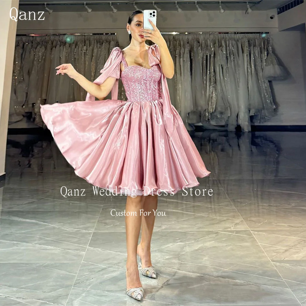 Qanz Pink Straps Prom Dresses Short A Line Sequined Vestidos De Graduación Glossy Satin Lace Up Back Birthday Dresses Customized