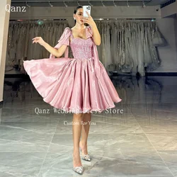 Qanz Pink Straps Prom Dresses Short A Line Sequined Vestidos De Graduación Glossy Satin Lace Up Back Birthday Dresses Customized