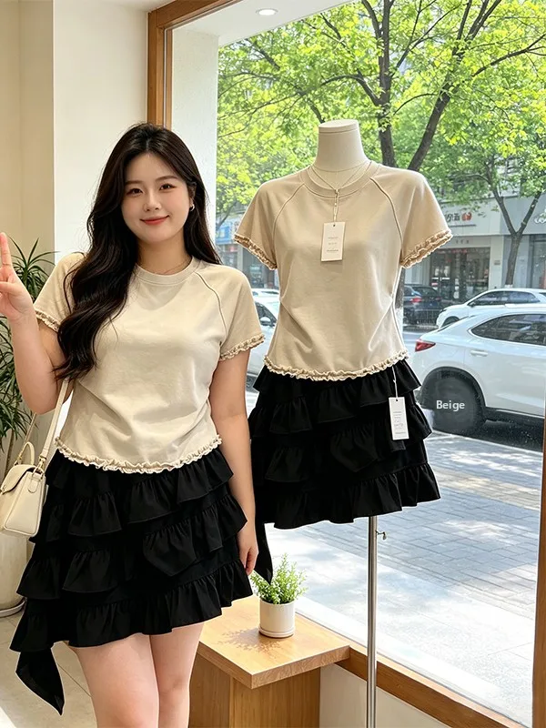 

plus Size Korean Style T-Shirt with Lace Hem Short Sleeve Asymmetric Skirt Set Women Summer New Slimming Two-Piece Suit