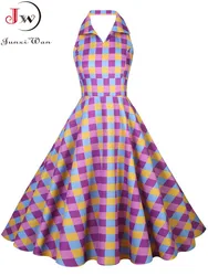 Hepburn Summer Dress Women Plaid Vintage Halter Robe Housewife Retro 50s 60s Midi Dresses Vestidos
