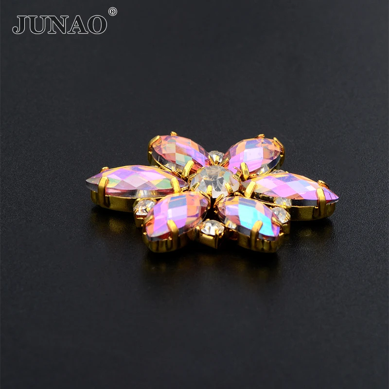 JUNAO 1pc 36mm Sew On Pink AB Glass Flower Rhinestones Gold Claw Crystal Applique Flatback Strass Sewing Stones for Dress Crafts