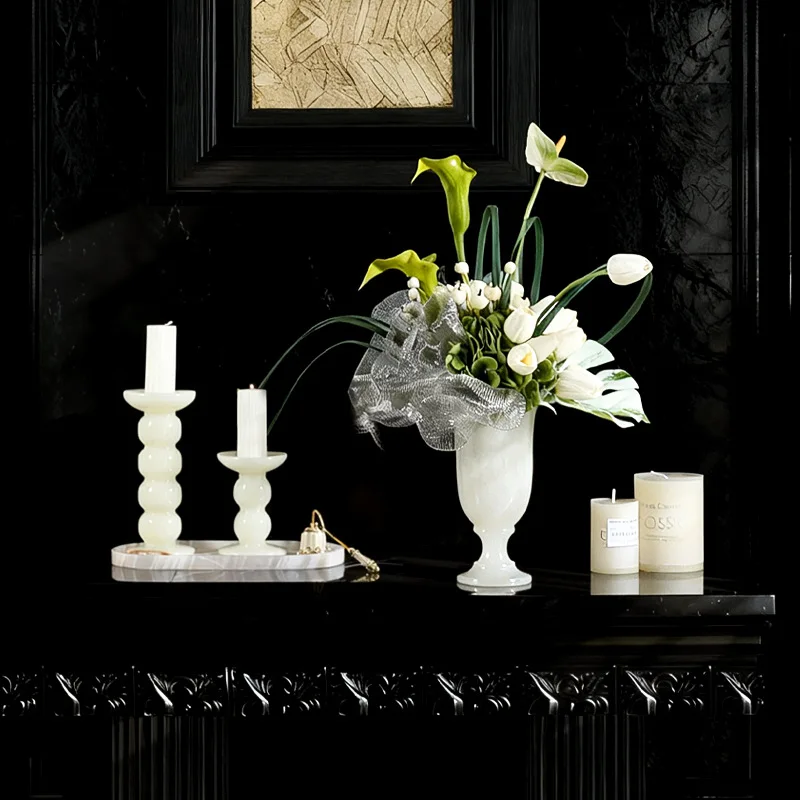Marble French natural jade vase ornament, living room flower arrangement, dining table ornament, high-end home jewelry