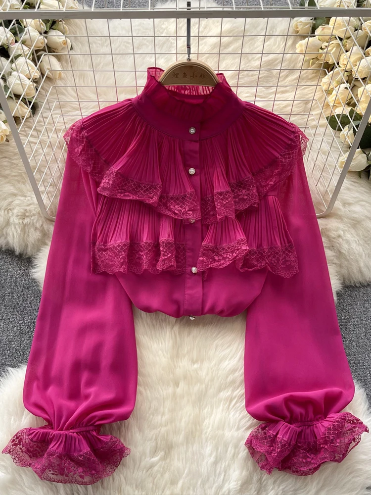 Elegant Lace patchwork blouse Long sleeve shirt Women Solid 2024 Spring summer Ruffleds tops Loose Clothing Fashion INKEO 3T233