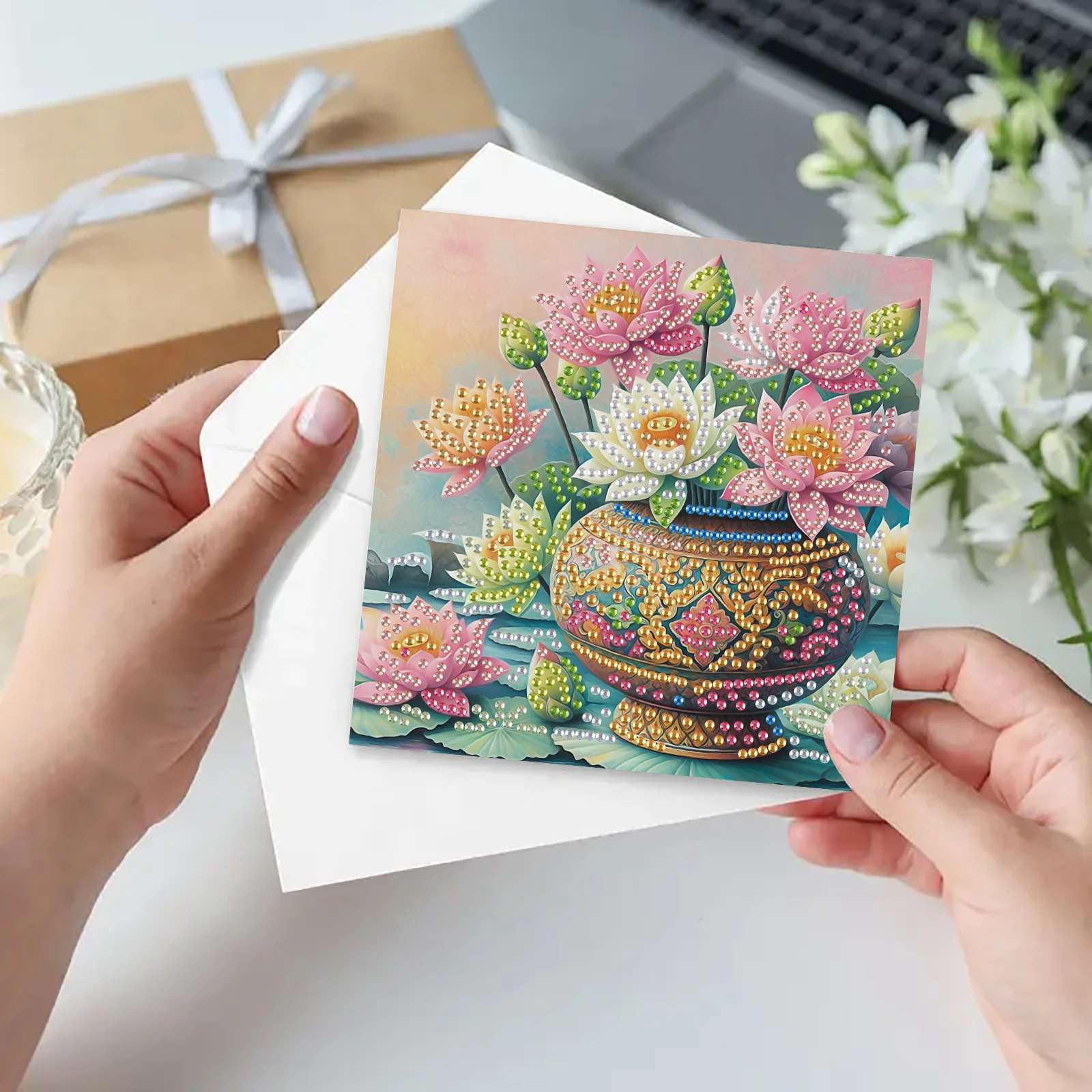 6-piece DIY diamond painting greeting card with envelope, wishes and wishes, floral theme unique design view 5