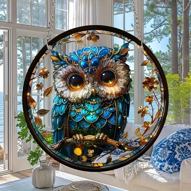 6in Round Acrylic Owl Bird Animal-themed Solar Catcher Window Porch Wall Hanging Decor Holiday Gifts Room Hangers