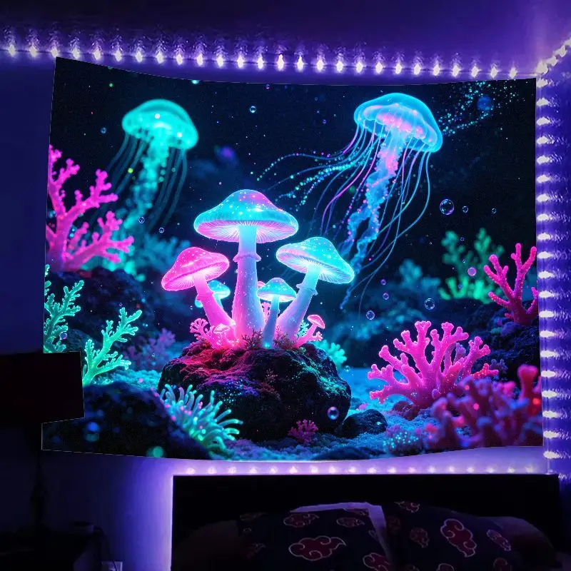 VIKAMA Neon-Style Mushroom Jellyfish Tapestry, Polyester Wall Hanging for Gaming Rooms and Bedrooms, Atmospheric Home Wall Decor